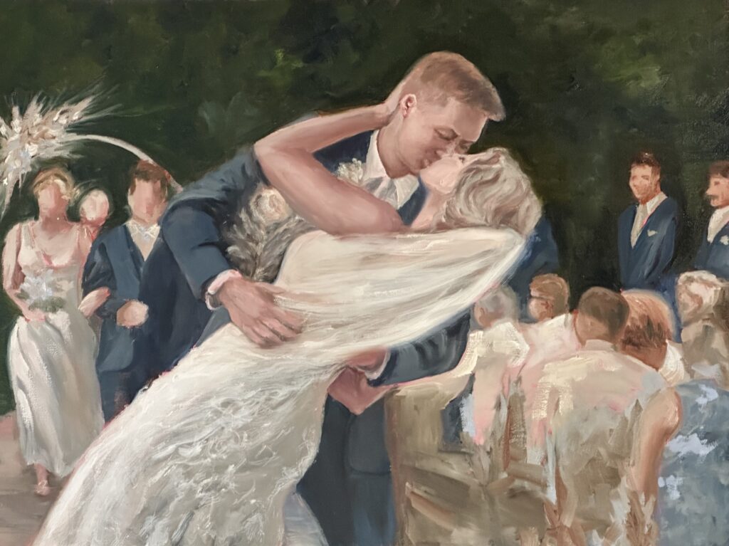 First Kiss scene of a wedding painting by Shanna Cramer